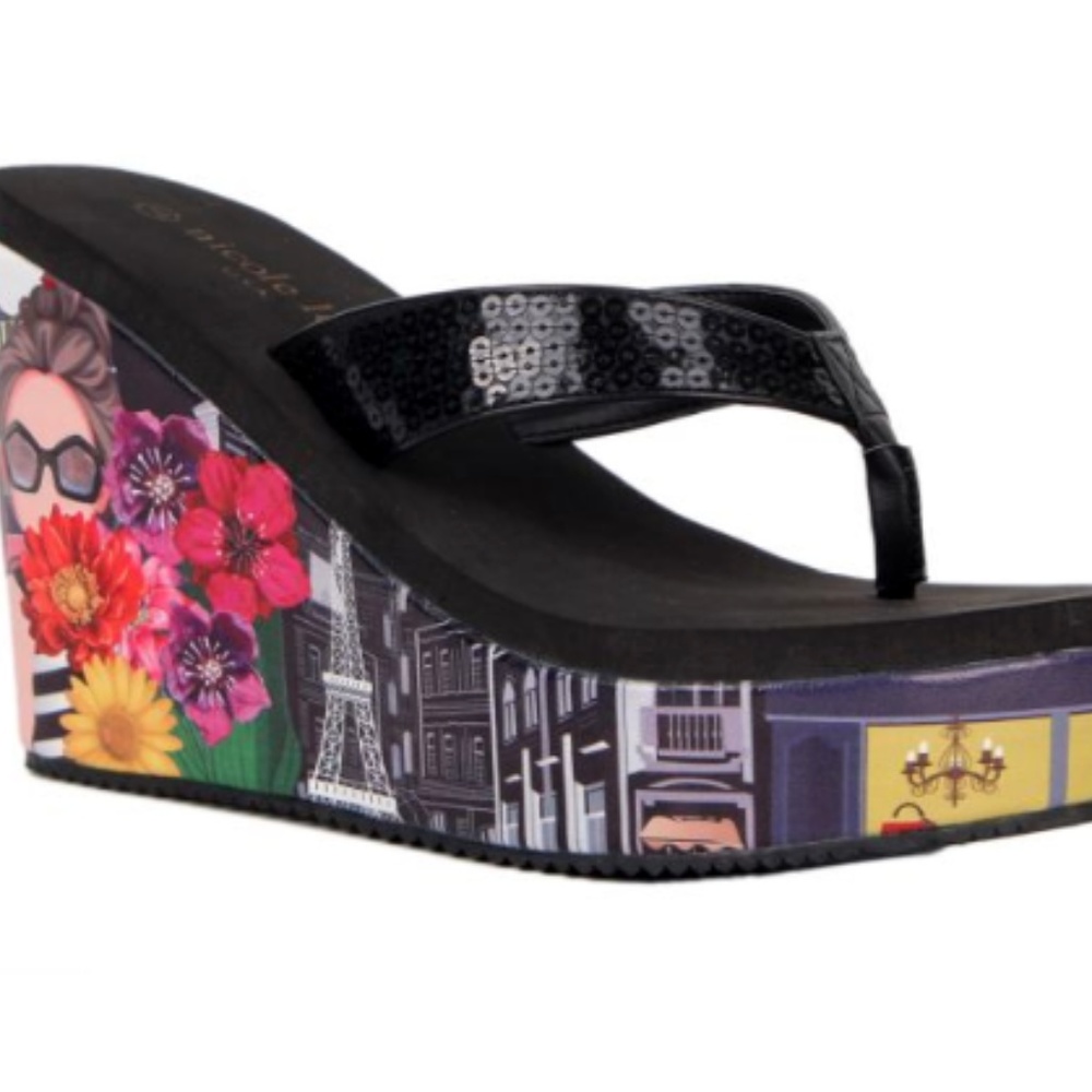 Nicole Lee Sequin Print Flip-Flop Wedge